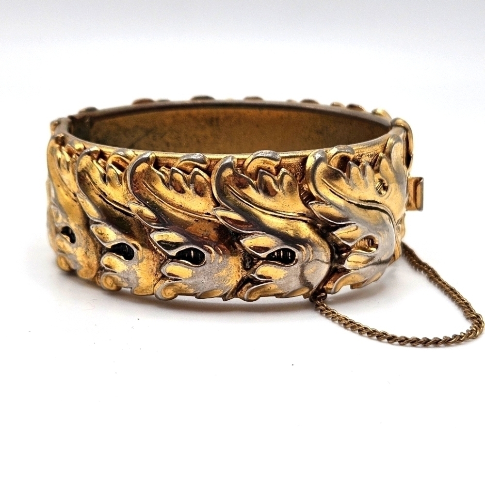 VINTAGE Gold-Tone Victorian Revival Hinged Clamper Clasp Bracelet Safety Chain